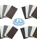 Bumper Specialties 50-pack rubber feet sample sheets with round studs in black, white, gray, brown around logo