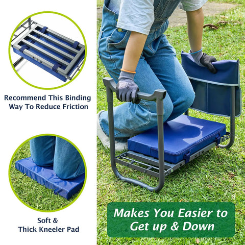 Person using Beefy Heavy Duty Garden Kneeler And Seat With Thick Kneeling Pad Foldable Gardener Stool With Tool Pouch Converts To A Chair 3 In 1 Design Supports Up To 838 Lbs Great Gift For Gardeners outdoors.