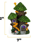 Mystic Gnome Fairy House Solar Light for Outdoor Decor, 12'' high, showing LED lantern, color-changing rooftop, and foliage design
