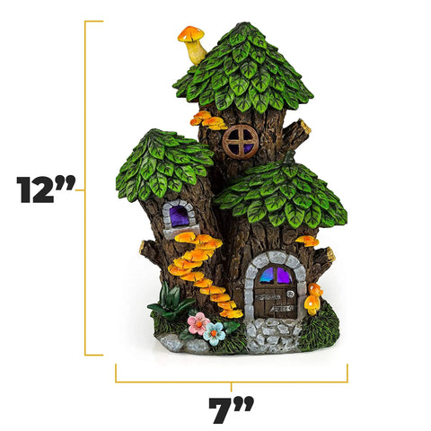Mystic Gnome Fairy House Solar Light for Outdoor Decor, 12'' high, showing LED lantern, color-changing rooftop, and foliage design