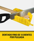 12 Inch Hand Saw With Mitre Box Storage System for Back Saws showing fine teeth and mitre slots, mounted on a bench.