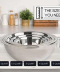 Stainless Steel Meal Prep Mixing Bowls Set for Real Kitchen Pros, 5 Pieces, Deep Nesting Design, various quart sizes shown