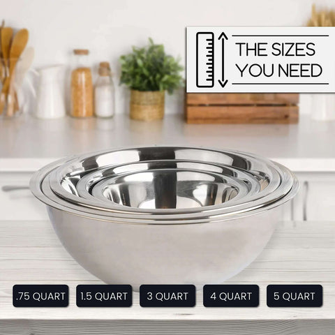Stainless Steel Meal Prep Mixing Bowls Set for Real Kitchen Pros, 5 Pieces, Deep Nesting Design, various quart sizes shown