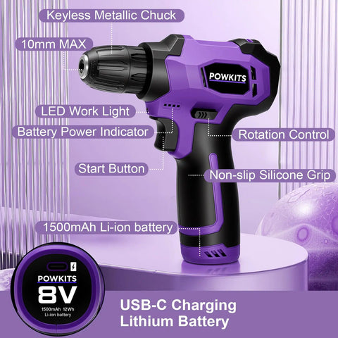 139 Piece Cordless Drill Set With Li Ion Battery 8V Power Drill Type C Charging Portable Basic Home Tool Kit for DIY Projects
