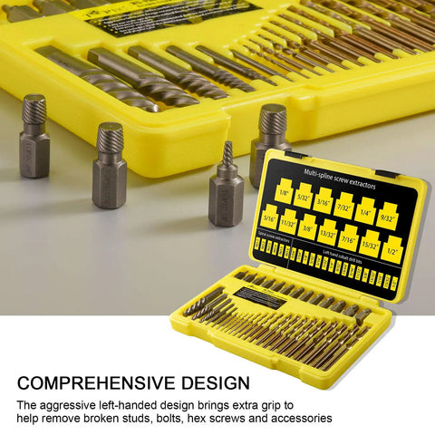 35 Piece Screw Extractor Set With Left Hand Drill Bits and Multi Spline Extractors for Removing Broken Bolts and Stripped Screws