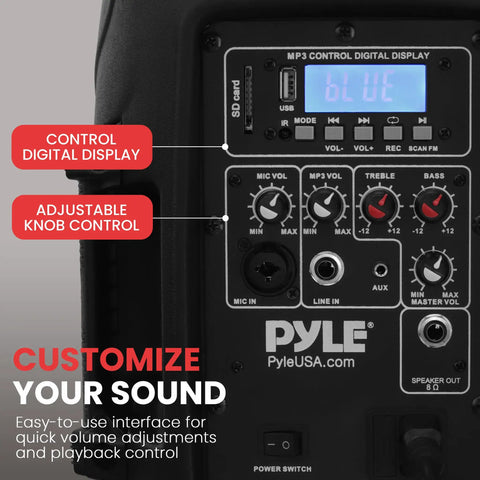 Close-up of control panel on Powerful Dual 8 Inch Active And Passive PA System Kit with digital display and adjustable knobs.