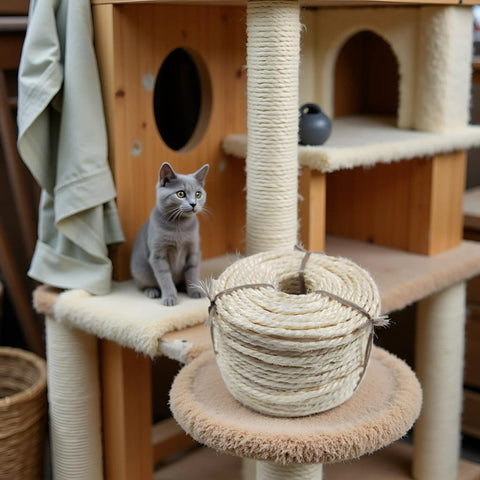 Natural Sisal Rope Replacement For Cat Tree And Scratching Post 164Ft Durable Scratcher Rope with cat tree in background