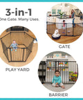 Three uses of the 3 In 1 Arched Decor Metal Superyard Play Yard For Toddlers With 6 Panel Playpen Or Baby Gate And Extra Wide Fence in Matte Bronze.