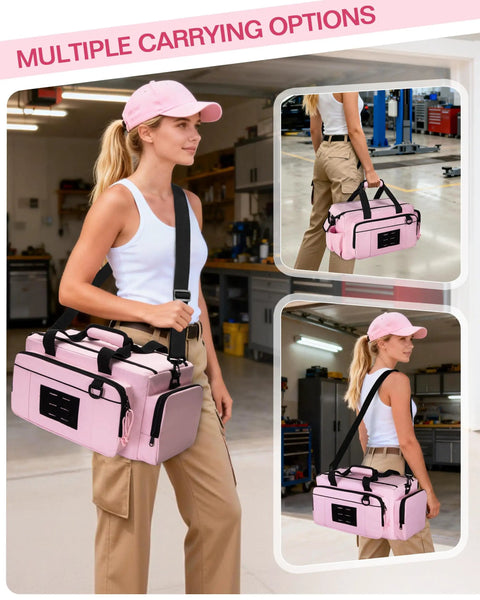 No Fuss Pink Tool Bag For Women Featuring A Spacious 16 Inch Storage Layout With Stretch Pouches To Quickly Toss In Drills Wrenches And Pliers For Stress Free Job Site Organization