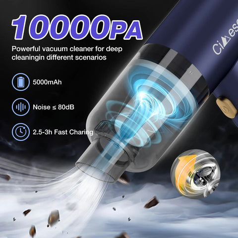 4 In 1 Cordless Car Vacuum Cleaner, Mini Handheld 12000Pa Suction, 120W, vacuum illustration showing suction power