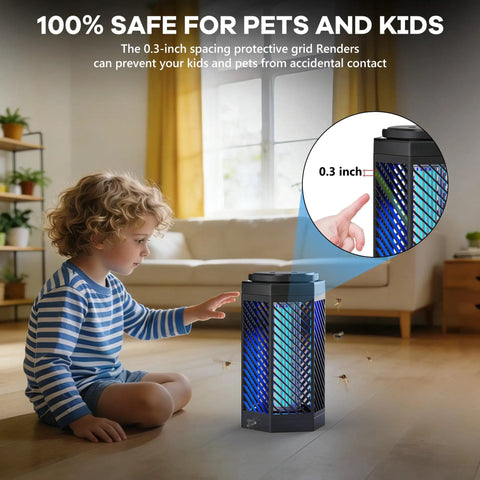 Child sitting near 2 In 1 Mosquito Zapper For Indoor And Outdoor Use With 8000mAh Battery USB Rechargeable LED Light Portable Fly Trap in living room