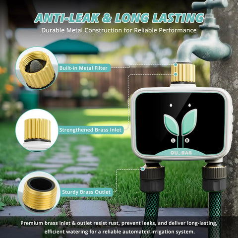 Smart WiFi Water Timer For Garden Hose With App Control No Fuss Setup 2 Zone Brass Inlet And Outlet Rain Delay Auto And Manual Modes For Drip Irrigation Pool And Lawn Battery Powered 2 4 GHz WiFi connected to outdoor faucet