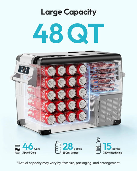 Solid Forty Eight Quart 12 Volt Compressor Portable Fridge And Freezer For Your Ride, featuring 48QT capacity for drinks and food.
