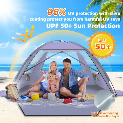 Family under Beach Shade Tent With UPF 50 Plus Sun Protection For 3 To 8 People Portable Family Beach Canopy, beach background