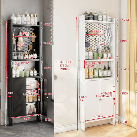 Two tall behind-door organizer cabinet shelf racks with pegboard panels, 69-inch height by 20-inch wide, black and white options.