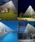 Two 100W Solar Street Light Set With Motion Sensor Dusk To Dawn Outdoor Flood Lights illuminating yard, driveway, pool, court