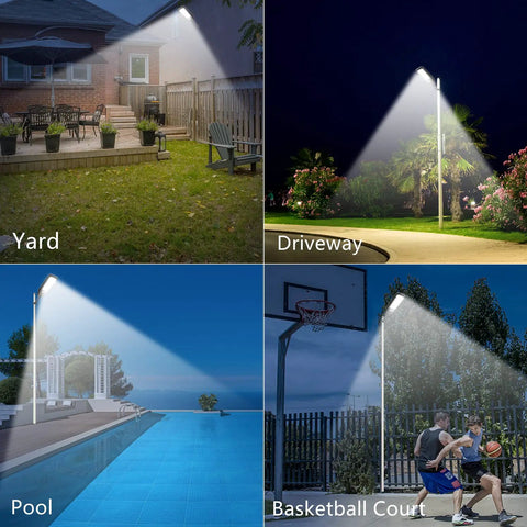 Two 100W Solar Street Light Set With Motion Sensor Dusk To Dawn Outdoor Flood Lights illuminating yard, driveway, pool, court