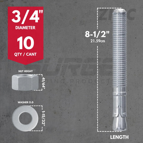 Heavy-Duty 3/4 Inch Wedge Anchors For Concrete And Cement Zinc Plated Rust-Resistant Carbon Steel 8-1/2 Inch Length 3/4 Inch Diameter