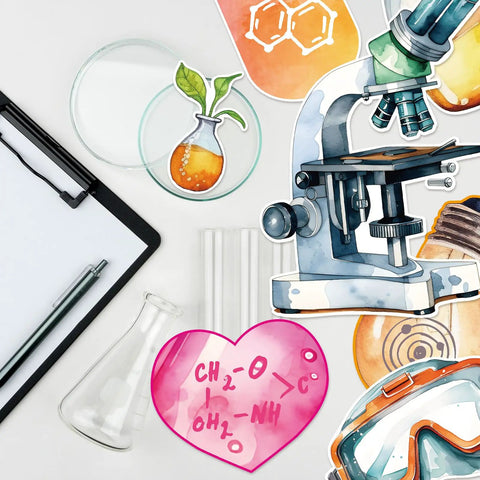 Science Bulletin Board Set For Classroom Decor 89 Pcs with microscope, glassware, and chemistry cutouts on a white background.