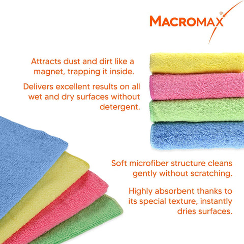 MacroMax microfiber cleaning cloths, pack of 10; multicolor towels shown in front view