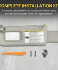 RAV4 Left Driver Side Sun Visor Replacement With Leather Surface And Vanity Mirror Gray For 2013 2014 2015 2016 2017 2018 Includes Clip And Screws Replaces OEM 74320 42595 B0 Toyota shown with installation kit