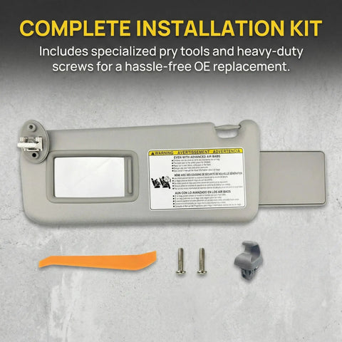 RAV4 Left Driver Side Sun Visor Replacement With Leather Surface And Vanity Mirror Gray For 2013 2014 2015 2016 2017 2018 Includes Clip And Screws Replaces OEM 74320 42595 B0 Toyota shown with installation kit