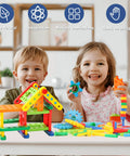 Totally Legit 92 Piece Screw Engineering Blocks Set With Sensory Construction Bricks For Creative STEM Learning Activities And Super Cool Kid Gift Ages 3 Plus, kids building with colorful blocks.