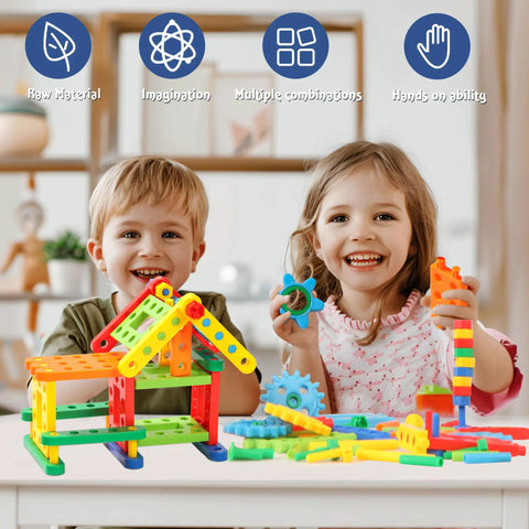 Totally Legit 92 Piece Screw Engineering Blocks Set With Sensory Construction Bricks For Creative STEM Learning Activities And Super Cool Kid Gift Ages 3 Plus, kids building with colorful blocks.