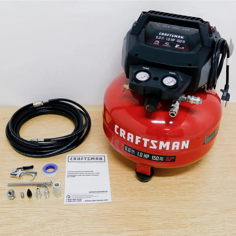 Craftsman 6 Gallon Oil Free Pancake Air Compressor delivering 150 PSI With 10 Piece Accessory Kit. This Reliable Compact Unit Features A One Horsepower Motor For Fast Recovery And Steady Airflow Perfect For Nailing Stapling And Inflation Around The