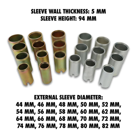 Visual of sleeves from the 20 Cup Bushing Removal Tool Kit For Suspension And Wheel Bearing Service With Adapters.
