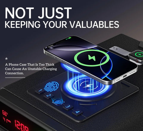 Biometric Gun Safe With Wireless Charging, 3 Quick Access Fingerprint Money Boxes, Compact Bedside Drawer Safe With 24 7 Digital Clock