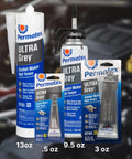 Permatex Ultra Grey gasket maker silicone RTV sealant assortment in four sizes: 13 oz, 9.5 oz, 3 oz, and 0.5 oz.