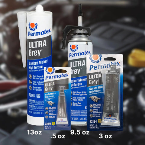 Permatex Ultra Grey gasket maker silicone RTV sealant assortment in four sizes: 13 oz, 9.5 oz, 3 oz, and 0.5 oz.