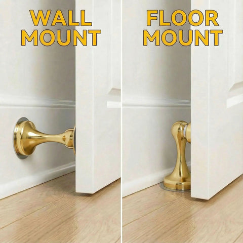 Magnetic Door Stop 2 Pack Heavy Duty Stainless Steel No Drill Wall Or Floor Mount With 3M Tape Or Screws Strong Magnet Keeps Doors Open Full Round Head Golden Finish