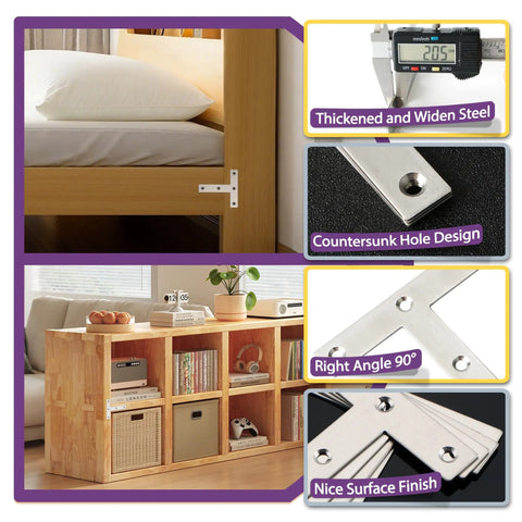 Top Tier Stainless Steel T Brackets For Wood Shelving And Home Repairs Rust Resistant Corner Bracket Mending Plates With Hand Brushed Finish Heavy Duty Workhorse 8 Pack close-up of sturdy L brackets in use on furniture
