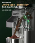 Ditch The Clutter And Ditch The Static With This Sharp Conical Burr Coffee Grinder Rocking A Bold 40Mm Stainless Steel Core And Thirty Four Dial Tweaks To Keep Grinds Light And Flavor Rich For Any Home Barista Wanting That Daily Smooth Sip showing anti-static coffee ground delivery.