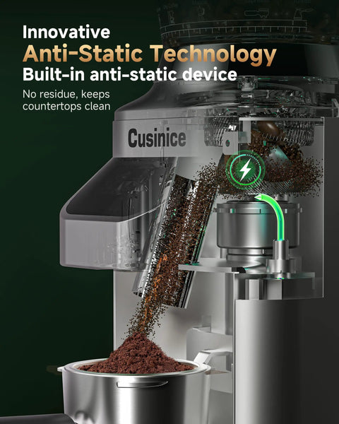 Ditch The Clutter And Ditch The Static With This Sharp Conical Burr Coffee Grinder Rocking A Bold 40Mm Stainless Steel Core And Thirty Four Dial Tweaks To Keep Grinds Light And Flavor Rich For Any Home Barista Wanting That Daily Smooth Sip showing anti-static coffee ground delivery.