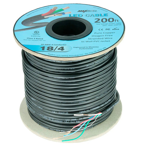 200 Ft 18 AWG Low Voltage LED Cable With 4 Conductors, Black In-Wall RGB Wire, UL Listed Class 2, Pure Oxygen-Free Copper reel