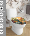 Elongated Resin Toilet Seat for Bathroom on a white toilet, featuring scenic desert artwork, easy installation, and ergonomic design.