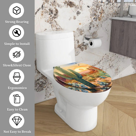 Elongated Resin Toilet Seat for Bathroom on a white toilet, featuring scenic desert artwork, easy installation, and ergonomic design.