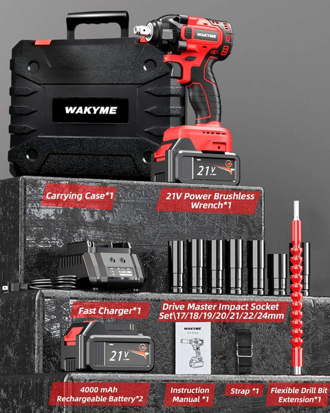 Real Deal Wrench For DIY And Home Repair With Red And Black Finish Non Slip Grip Durable Heavy Duty Hand Tool No More Fake Wrenches In Your Kit Perfect For Pro And Weekend Projects shown with case, batteries, and accessories