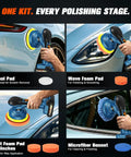 Cordless Dual Action Car Buffer Polisher With 8 Speeds And Two 21V Batteries in use with various pads on car surfaces