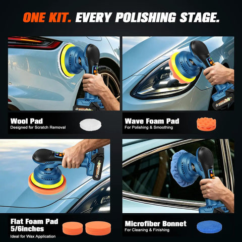 Cordless Dual Action Car Buffer Polisher With 8 Speeds And Two 21V Batteries in use with various pads on car surfaces