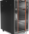 Heavy Duty 27U Floor Standing Server Rack Featuring 39 Inch Depth Locking Glass Door Built In Cooling Fans with adjustable feet and wheels.