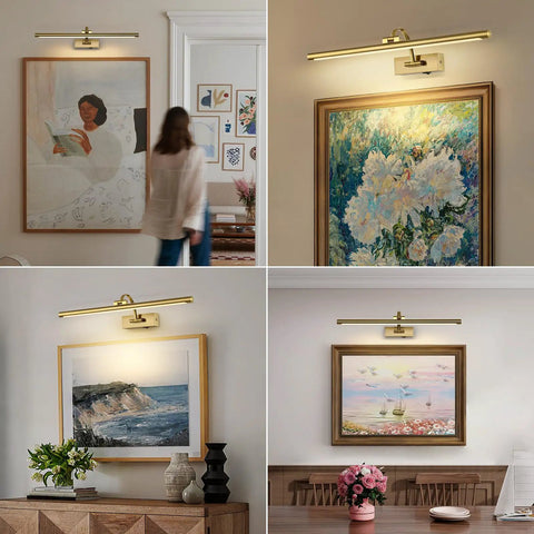 Wireless Picture Lights With Remote and Timer lighting over framed portraits in a living room, warm white brass gallery lamps.