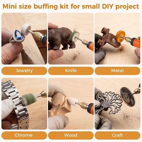 Tough As Nails One Eighth Shank Rotary Tool Polisher And Buffing Kit with various attachments for jewelry, metal, and wood projects.