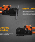 Close-up of Loschen Manual Rebar Cutter And Bender showing cutting and bending mechanism for steel rods up to 5/8 inch.