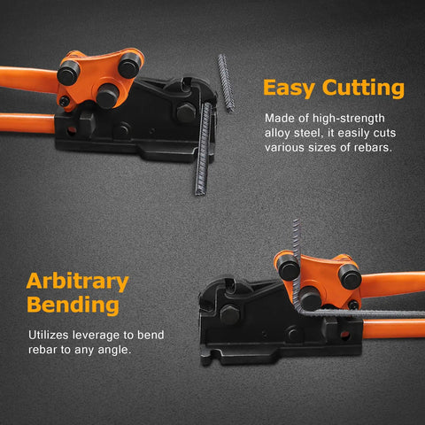 Close-up of Loschen Manual Rebar Cutter And Bender showing cutting and bending mechanism for steel rods up to 5/8 inch.