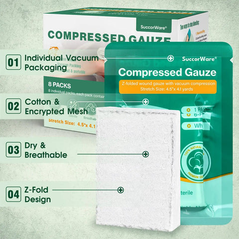 8 Pack Sterile Z Fold Gauze Rolls 4.5 Inch By 4.1 Yards 6 Ply Wound Compression packaging with gauze roll close-up