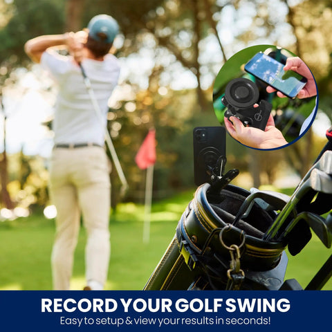 Zoom of Golf Bag Phone Holder Clip On Mount With MagSafe Easy Quick Setup No Extra Gear Needed on golf course.